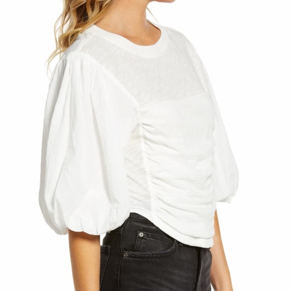 FREE PEOPLE COTTON SWEET SPOT TOP IN BLACK CROPPED FIT PUFF SLEEVE RUNCHING SZ S - Picture 2 of 7